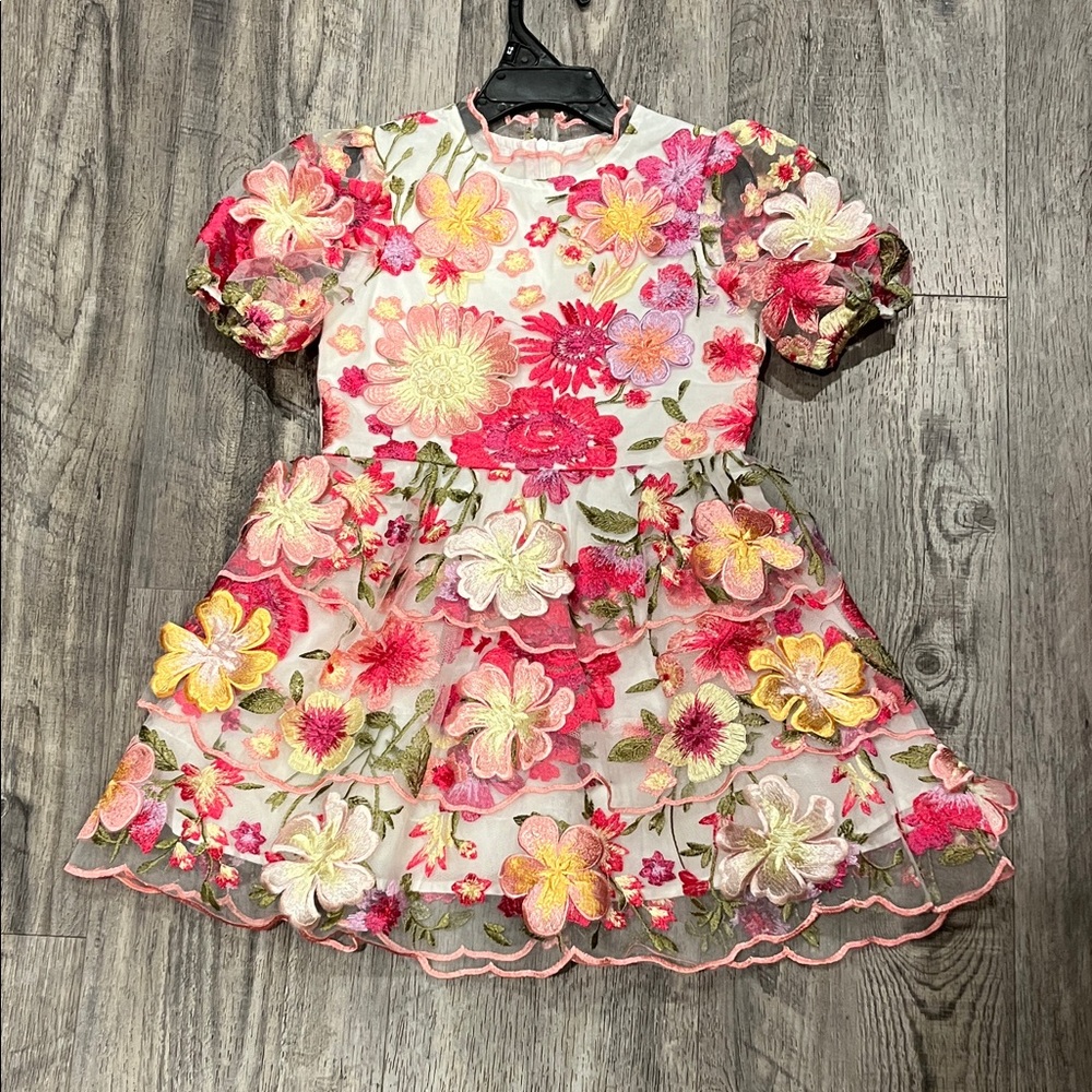 Floral Embroidered Pink & Yellow Girls' Formal Dress